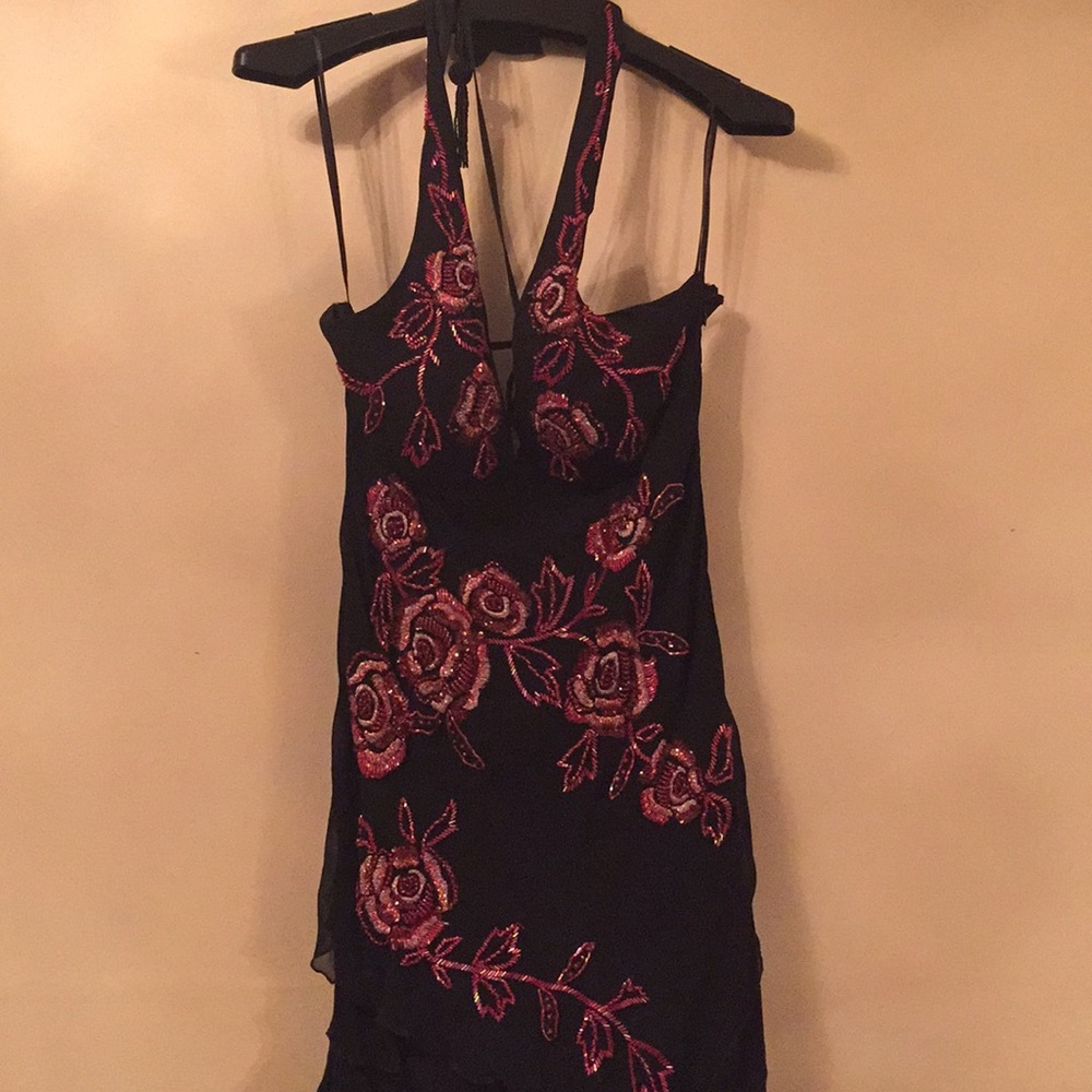 Sue Wong Black Silk Dress with Red Beads Size 10